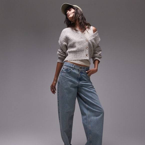 Topshop Denim - Topshop Ivory Cream Rib Knit V-Neck Wool Blend Cropped Cardigan Sweater